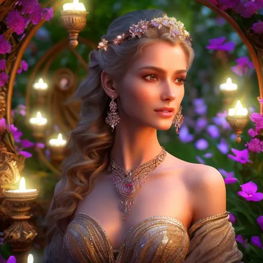 Prompt: HD 4k 3D 8k professional modeling photo hyper realistic beautiful petite frail woman ethereal greek goddess of helplessness
blonde hair in spirals brown eyes gorgeous face dark skin shimmering dress with jewelry laurel headpiece full body surrounded by magical glowing  light hd landscape background reclined in garden on chaise surrounded by vases and plants