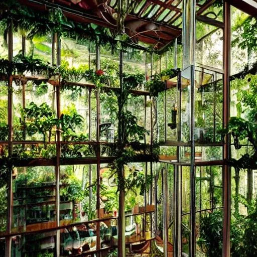 Prompt: Rainforests inside a glass house,lush trees,vines twing around the shelves,greg rutkowski and james gurney and Thomas kinkade

