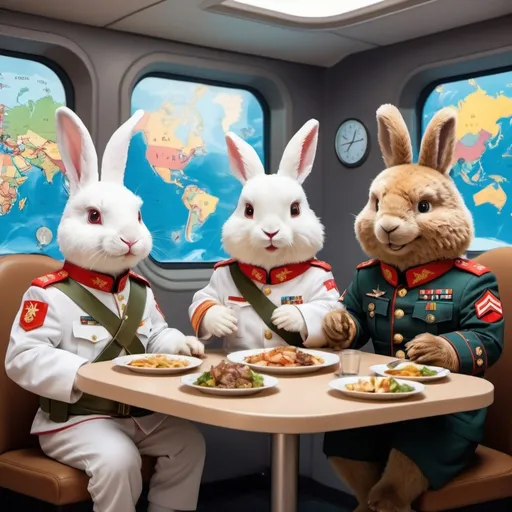 Prompt: a cute eagle in US Marine uniform, a cute.brown bear in Russian military uniform, a cute white Rabbit in Chinese PLA uniform,

they smile and take dinner together in a Spaceship, a world map at background