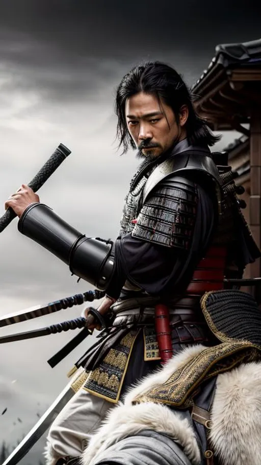 Prompt: Young Hiroyuki Sanada as a Samurai Photorealistic Overdetailed Portrait, Well Detailed face, Black and Gray Robes and Armor, Black hair, Detailed Hands, Detailed Twilight Background, Intricately Detailed, Award Winning, Photograph, Film Quality.