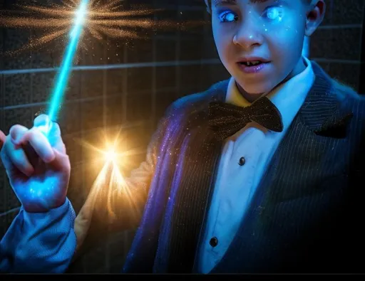 Prompt: 13 year old boy cast a crazy magic spell on someone inside the toilet stall with his magic wand from the outside. Only show the outside of the stall. Lots of sparkle magic from the magic spell spewing out from the top of the stall. Show the boy in the tuxedo with his magic wand casting the spell outside the stall 