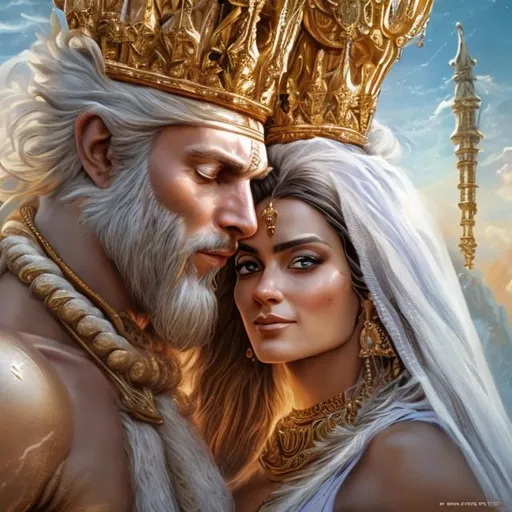 Prompt: marriage ceremony for the king of the heavens and the queen of the earth hyper detailed extremely realistic dak cinematic in the style of Boris vallejo UHD