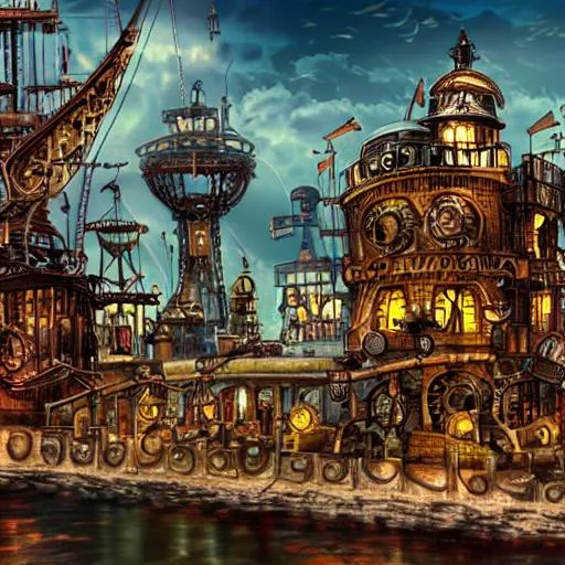 Prompt: steampunk city on the sea