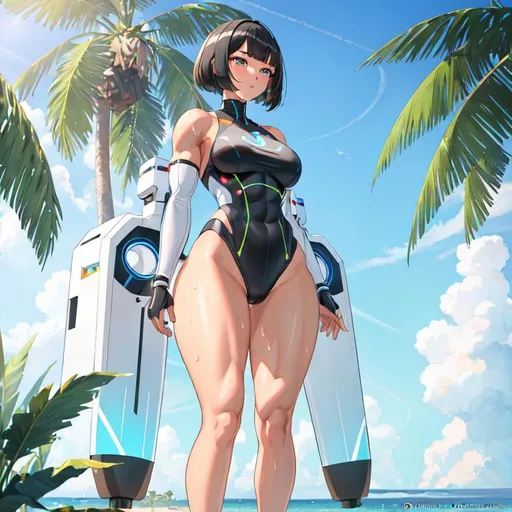 Prompt: a lonely AI girl, very tall, thick muscular thighs, wide hips, muscular arms, long muscular legs, slender waist, muscular abs, big beautiful symmetrical eyes, aloof expression, sweating, tan lines, bob haircut with bangs, (tanning on the beach), 12K resolution, hyper quality, hyper-detailed, depth of field