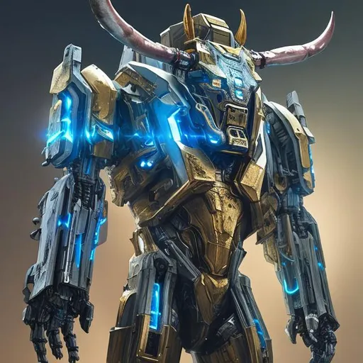 Prompt: Digital painting minotaur with mecha armor,gold and blue hyper realistic,ultra high definition, cyberpunk, futuristic 