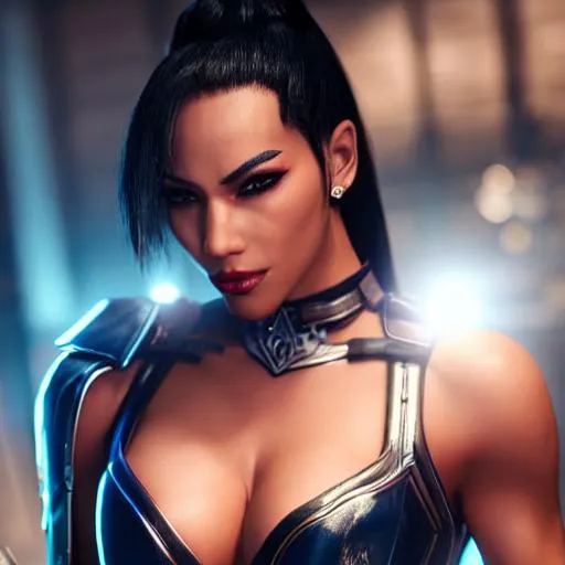 Prompt: realistic concept portrait of Kitana from Mortal Kombat, Lighting on body, howl with little shiny eyes, CGI style , unreal engine 5 , volumetric lighting and complimentary colors, wear leather jacket and sunglasses, 25 years old, perfect composition, beautiful detailed intricate insanely detail