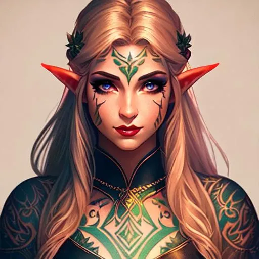 Prompt: elf, glowing tattoos, female, dnd, illustration, portrait, scars