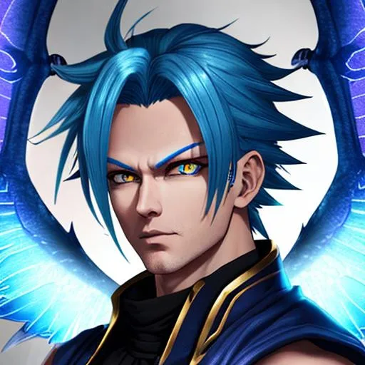 Prompt: Lucifer, face Realistic Human, Vegito, Aasimar, big wing, 8k, full Hd, monk aesthetic, radiance, wings, Cyberpunk, uhd, 14k, dragon ball z, blue hair, yellow hair, fusion