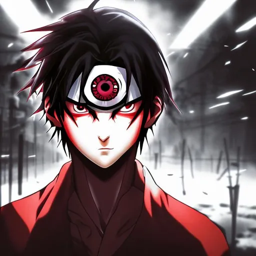 Prompt: anime man with a sharingan eyes in dark place