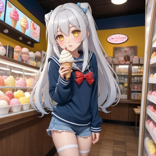Prompt: anime girl with long flowy silver white hair that has candy and strawberries in it and golden yellow eyes in a cute lolita sailor blue sweater and jeans shorts with fishnets and yellow and brown flannel leg warmers doing dynamic poses in an interesting fish eye perspective next to an ice cream parlor leaning against a display case of ice cream