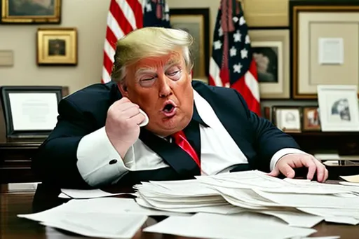 Prompt: A very fat, obese, baby Donald Trump, frowning, crying, sitting at a desk full of papers, documents, top secret, spy, traitor