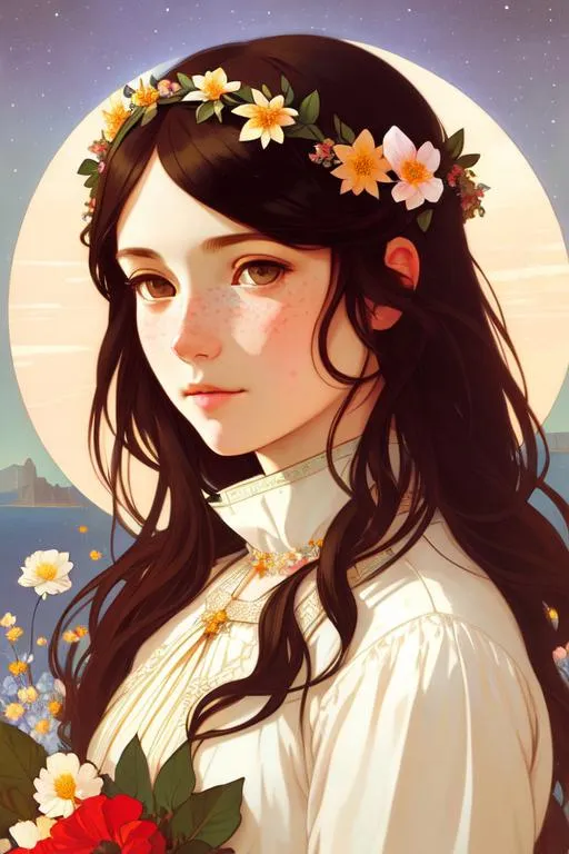 Prompt: Portrait of a cute girl with flower wreath, freckles, detailed face. Nightsky background. by Ilya Kuvshinov and Botticelli and [Alphonse Mucha]. Renaissance artstyle, dreamy