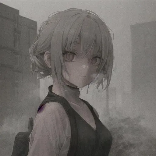 Prompt: Young girl in a smoky city covered in ash