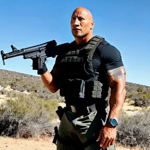 Prompt: dwayne johnson in full tactical gear mercenary