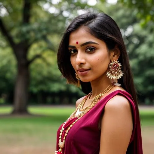 Prompt: Gorgeous Indian ((skinny)) girl in a park, pretty, cute 🥰, ((one eyes Winking)), Maroon Dress, centered in frame,close-up, ultra realistic, natural lighting, background having trees with pink flowers , drop type earrings, thin gold necklace