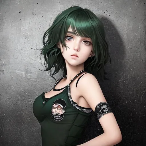 Prompt: An insanely beautiful girl around 16 years old. punk clothes. perfect anatomy, symmetrically perfect face. perfect grey eyes. beautiful short dark green wavy hair. no extra limbs or hands or fingers or legs or arms.