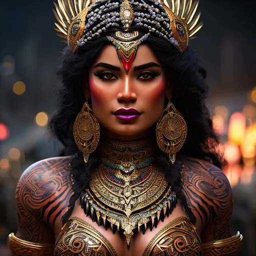 Prompt: maori goddess, brightly dressed, tribal tattoos, hyper realistic, extremely detailed, dark cinematic, UHD