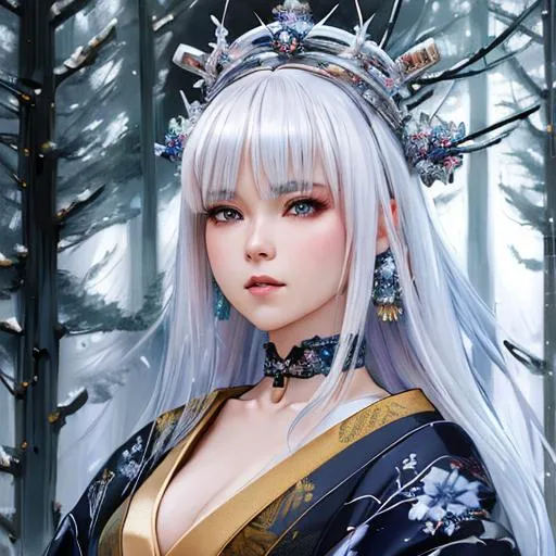 Prompt: Woman with platinum hair, in a dress of kimono, a beautiful crown on her head, detailed face, detailed skin, front, background frozen forest, cover, unzoom, choker, hyperdetailed painting, luminism, Bar lighting, complex, 4k resolution concept art portrait by Greg Rutkowski, Artgerm, WLOP, Alphonse Mucha, little fusion pojatti realistic goth, fractal isometrics details bioluminescens : a stunning realistic photograph 30 years