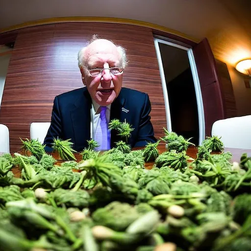 Prompt: fisheye lens with a pastel red tinge of Jacob Rothschild staring at a table full of weed buds. camera is on the table and raised to show Jacob Rothschild's face.