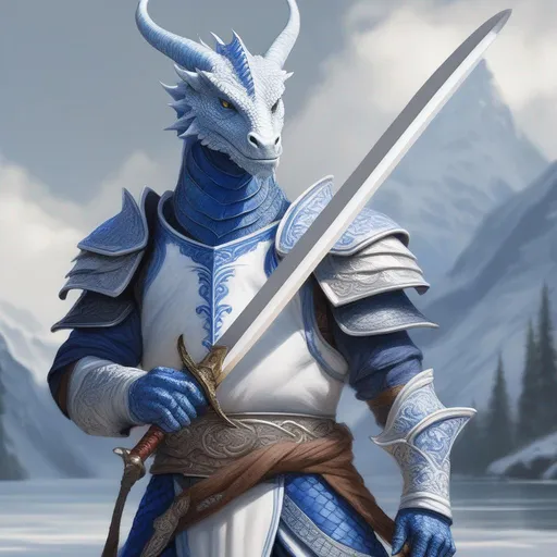 Prompt: A beautiful blue and white Dragonborn with no hair holding a sword, perfect composition, hyperrealistic, super detailed, 8k, high quality, trending art, trending on artstation, sharp focus, studio photo, intricate details, highly detailed, by Greg Rutkowski, illustration, watercolor