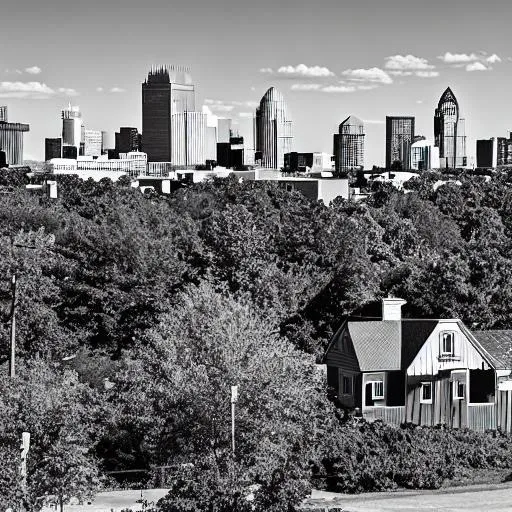 Prompt: High resolution charlotte NC skyline in black and white with a single yellow shack house in placed in the foreground in full color