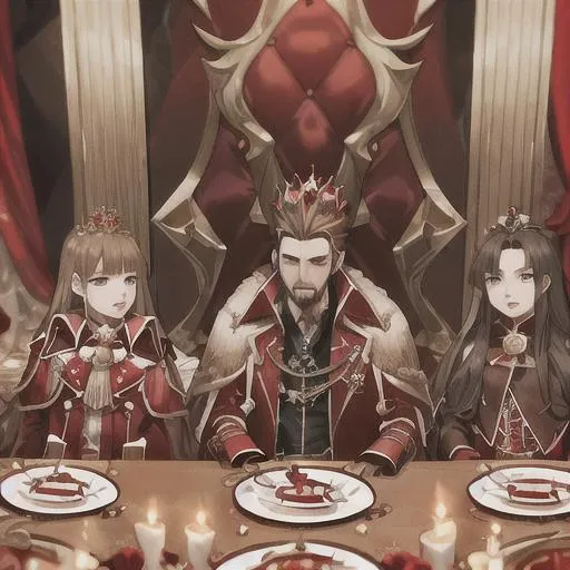 Prompt: king in a red coat, mink fur lined, pointy bejeweled crown, brown hair, goatee, medals on shirt, black cloths, sitting at the far end of a long table that has a red cloth running down the middle with candles and food, plates and silverware line the sides in front of chairs, with nobles sitting and conversing, at the long table, professional, one long table