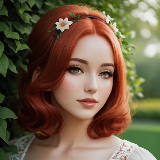 Prompt: a beautiful woman in a garden, light red hair in a 60's hair style, perfect composition, super detailed, high quality, facial closeup