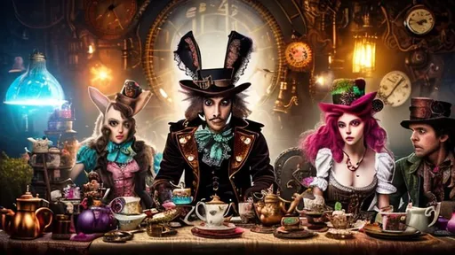 Prompt: steampunk alice and the mad hatter and the hare at a tea party detailed faces dark cinematic 8k