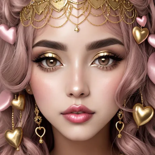 Prompt: big  eyes and carmine lips, silver and golden breaded silk, hearts, lips, pink cheeks