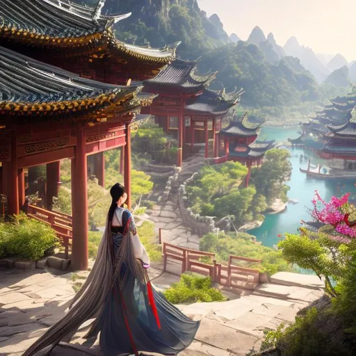 Prompt: female wuxia character, chinese village, mountains, lake

cfg:19, energetic, HDR, UHD, 64K, highly detailed, cinematic lighting, professional, perfect composition, trending on artstation,  unreal engine, vivid colors, high resolution
