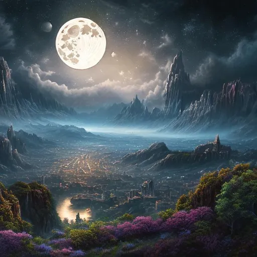 Prompt: Award winning detailed cinematic hyper realistic 8k painting of a beautiful fantasy landscape with a full moon 