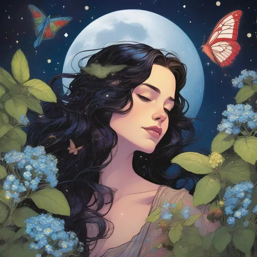 Prompt: A beautiful and colourful picture of Persephone with brunette hair and with an American Moon Moth, forget-me-not flowers, a chickadee bird, and strawberry plants surrounding her, framed by the moon and constellations in a marvel comics style