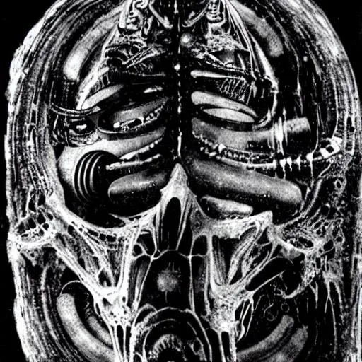 Prompt: HR Giger, raw, cosmic death, black and white, outer space