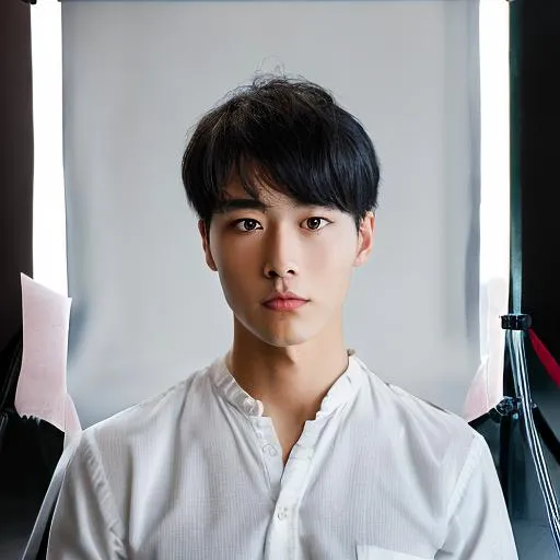 Prompt: photo realistic portrait of {japanese handsome young male}, centered in frame, facing camera, symmetrical face, ideal human, 85mm lens,f8, photography, ultra details, natural light, light background, photo, Studio lighting