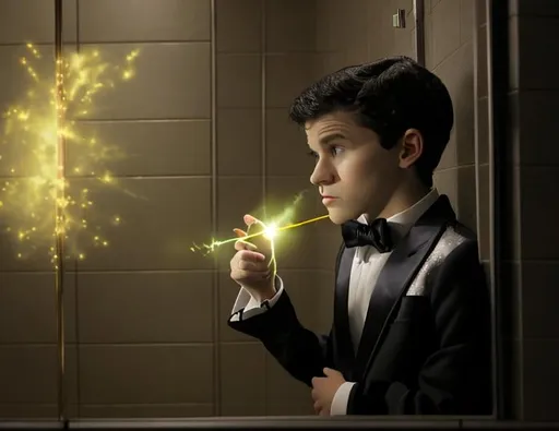 Prompt: 13 year old boy in a tuxedo casts a magic spell with his magic wand on someone else from the outside of a bathroom stall. Only show the outside view of the stall with the boy in the tuxedo with the magic wand and the stall with magic spewing out all over the place because the magic spell was just cast on whoever was inside at the time.