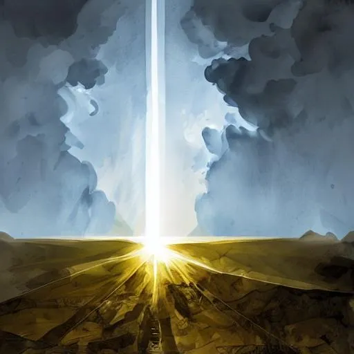 Prompt: A light beams from the earth to heaven. Grayscale, no color, Fine line art style. Bible style art
