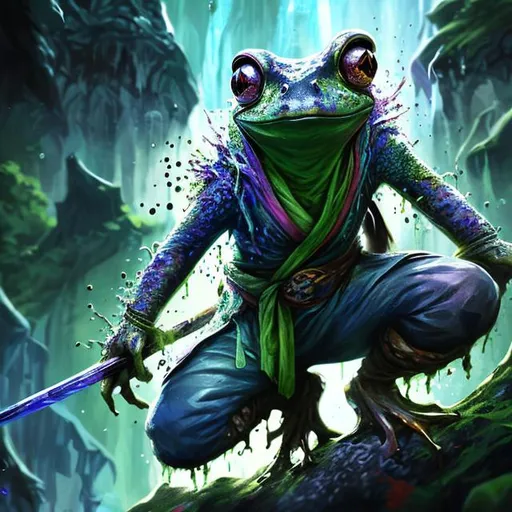 Prompt: Splash Art art of half-frog, half-human, ninja sorcerer, short, colorful, very detailed, HDR, cave background
