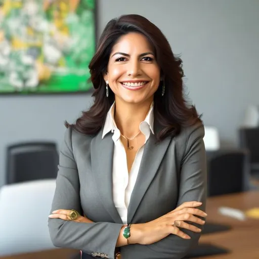 Prompt: mexican executive woman with papers in her hands smiling and green suite
