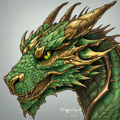 Prompt: Concept design of a dragon. Dragon head portrait. Coloring in the dragon is predominantly green with golden bronze streaks and details present.