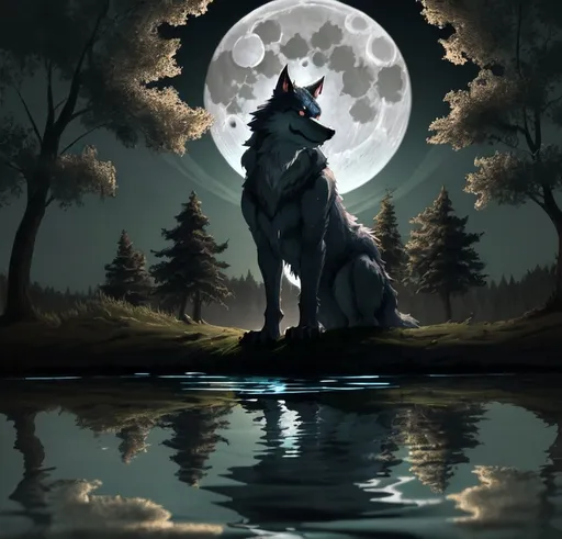 Prompt: a werewolf in a lake howling at the moon