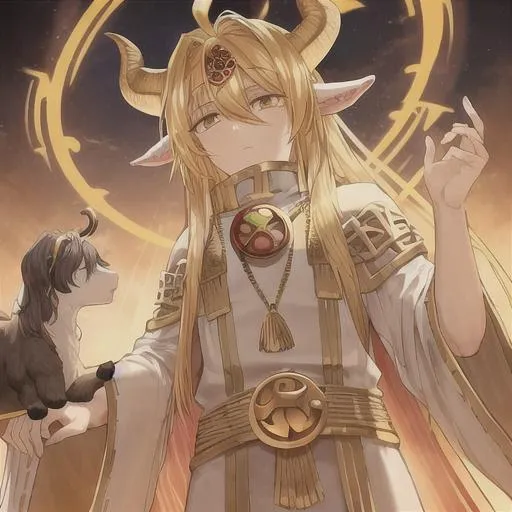 Prompt: A calm wise powerful divine goat god male with gold hair and eyes, record of ragnarok