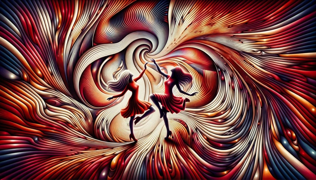 Prompt: Illustration of two women dancing amidst a swirl of optical illusions, bathed in colorful lights. The backdrop is reminiscent of turbulent patterns with a mix of crimson and amber hues.