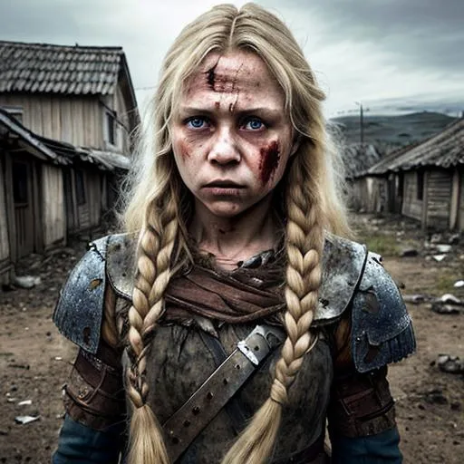 Prompt: highly detailed digital art piece captures a Vikinga middle-age girl standing in a village after a brutal battle. She has long blonde hair and blue eyes, and her torn clothes are covered in full-blood and dirt. The wide-angle lens and low-key lighting create a gritty and somber mood, with a dark color palette of browns, reds, and greys. The realistic graphics and sharp details highlight the aftermath of war, with blood stains, dirt, and torn cloth textures giving the image depth and authenticity. No computer-generated, visual, or special effects were used, and Adobe Photoshop