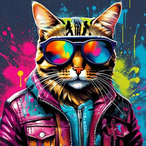 Prompt: "hipster cat in a leather jacket and colorful sunglasses graffiti art, splash art, street art, spray paint, oil gouache melting, acrylic, high contrast, colorful polychromatic, ultra detailed, ultra quality, CGSociety"