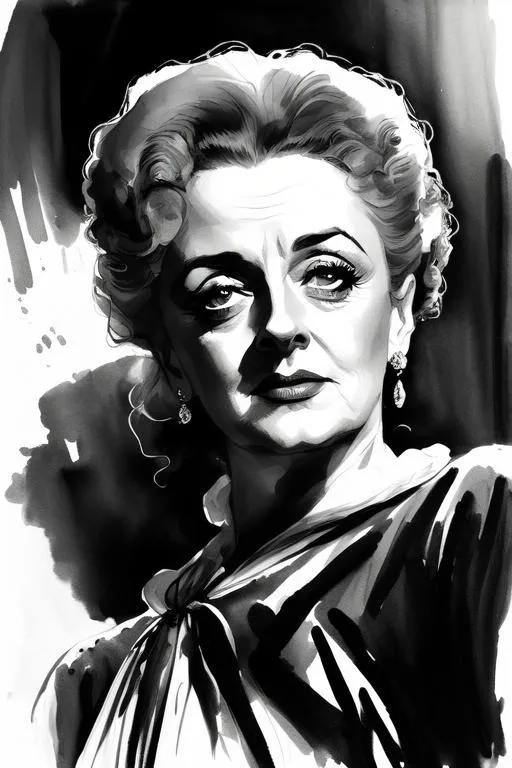 Prompt: Bette Davis, film noir, dramatic lighting, black and white ink in the style of Virgil Finlay