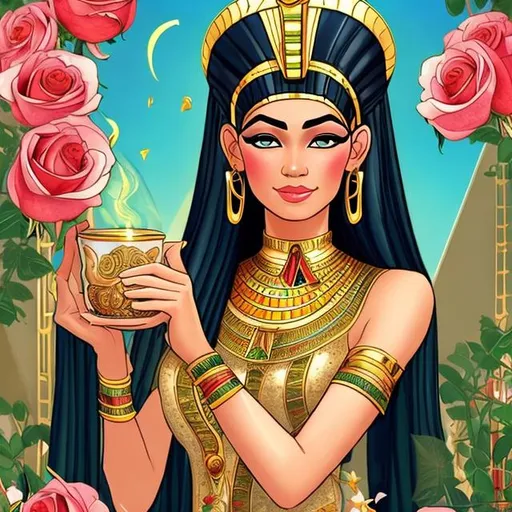 Prompt: Draw a beautiful picture of the Egyptian Queen Cleopatra. She has a slender figure, wearing the royal Pharaonic crown on her head, holding a cup of honey, and smelling a bright red rose in the middle of a lush garden full of roses and green, with a clear blue sky and a calm, bright, non-protective sun.
