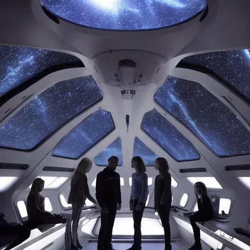 Prompt: Inside a spaceship 3 women and 3 men standing in light clothes, looking outside the spaceship windows. There are no roof windows in the spaceship. Outside is the dark space, some stars are brighting on the dark Sky.