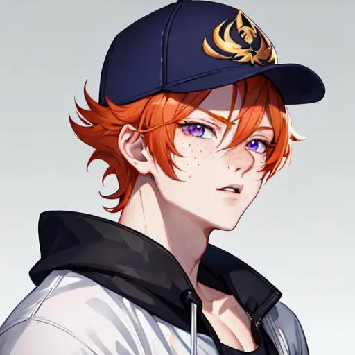 Prompt: Erikku male (short ginger hair, freckles, right eye blue left eye purple) muscular, UHD, 8K, Highly detailed, insane detail, best quality, high quality. wearing a sideways baseball cap, casual outfit