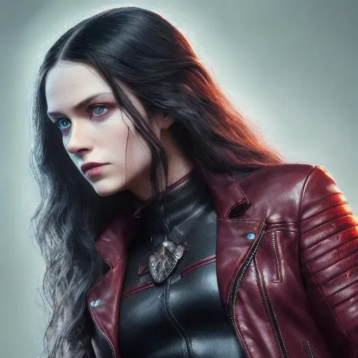 Prompt: young woman, long wavy black hair, light blue eyes, berry lipstick, red leather jacket, black body suit, black pants, knee-high black boots, 3D, fine-tuned, hyper-realistic, intricately detailed, detailed face, 16K, realistic, movie poster, chest