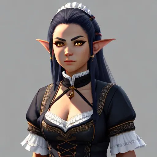 Prompt: UHD,  8k, Very detailed, panned out view, whole character, female orc child, grenish skin color, maid clothing, yellow eyes